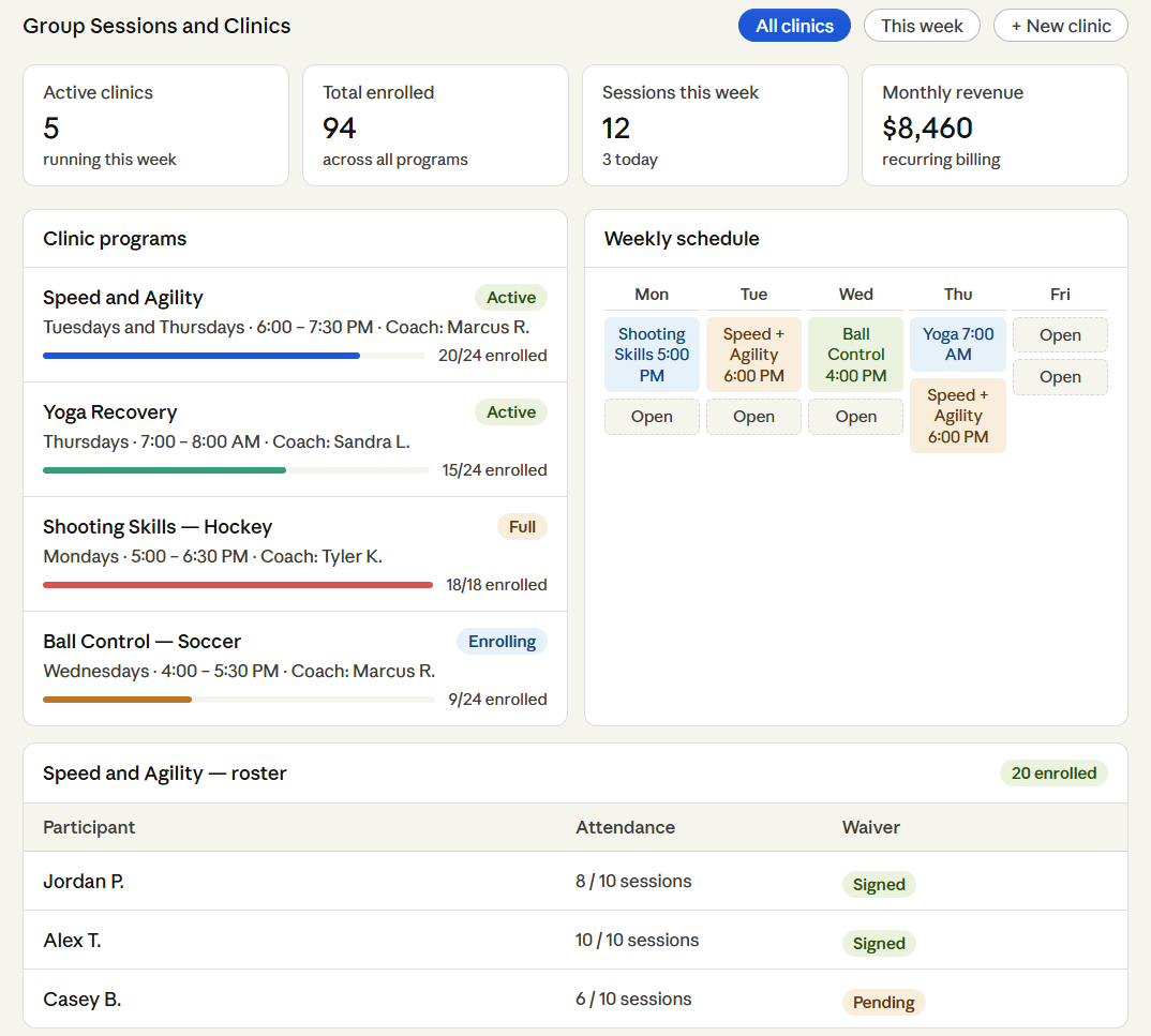 Group Sessions and Clinics Module